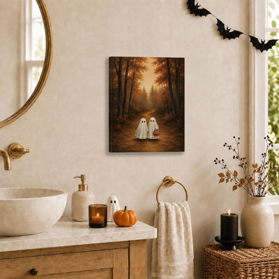 Ghost Autumn Forest Wall Art, Trick or Treat Halloween Decor,Vintage Canvas Print, Warm Decor for Living Room Bedroom Entryway Hallway Mantel, 8x10 Inch