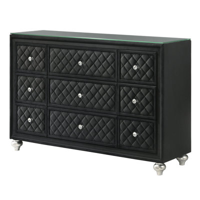 1Pc Traditional Nine Drawers Velvet Tufted Drawer Fronts Faux Crystal Drawer Knobs Diamond-Patterned Tufted Accents Black