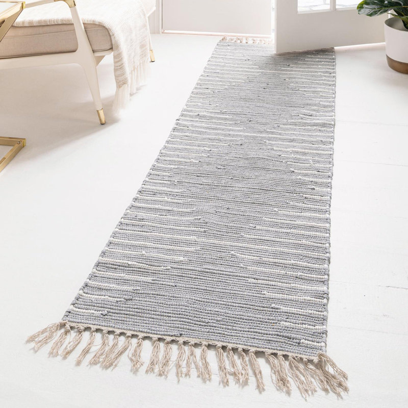 Tapis gris / blanc en coton tissé à plat à la main Justice, Tapis de couloir 2 pi 11 po x 16 pi 1 po
