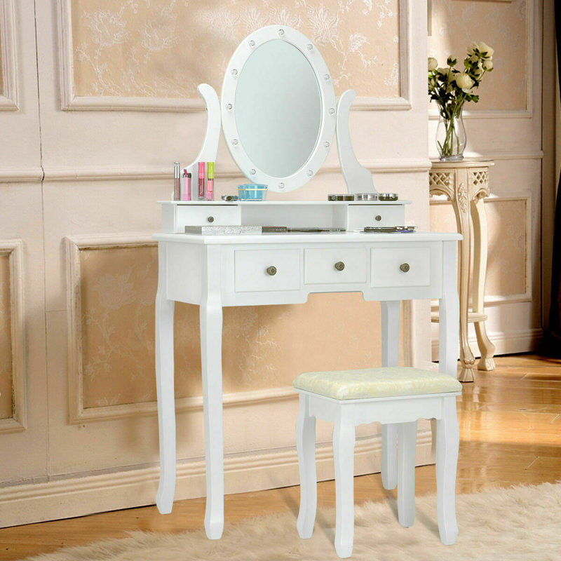 Oldfield 5 Drawer Makeup Vanity Set with Mirror, White