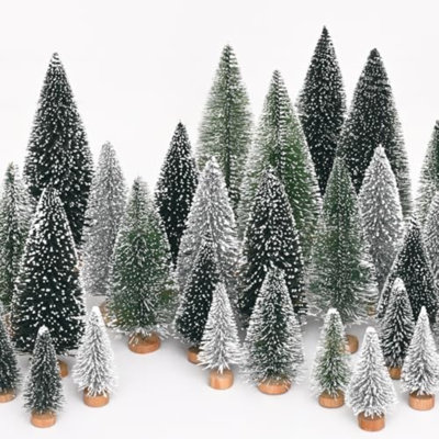 Décoration de table de Noël, arbres de Noël au pinceau, 21 mini arbres de Noël blancs, arbres de pin de ferme pour décorations de table de Noël (argent et blanc)