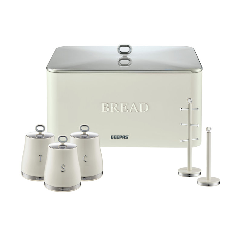 GEEPAS RetroVive Tea Coffee Sugar Canister, Bread Bin, Mug Tree & Towel Pole Set | 13L Bread Box 1.4L Airtight Canister Set | Carbon Steel Build Kitchen Counter Storage Space Saver