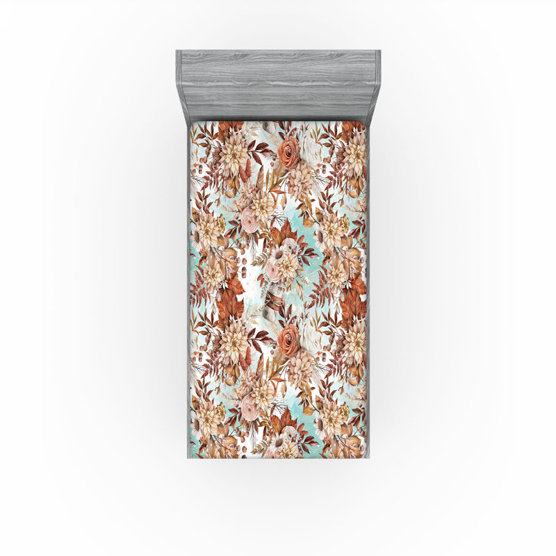 Drap-housse Ambesonne, Orange brûlé, Paprika, écru / floral, Drap-housse de taille simple