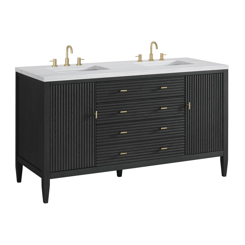 Myrrin 60'' Double Bathroom Vanity with Top, Carbon Oak, Parisian Blue, 8" Widespread