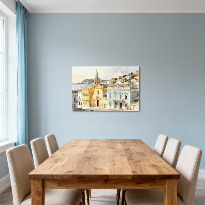 Paysages côtiers pittoresques et urbains avec une église et des bâtiments colorés, H 16 po x l 24 po
