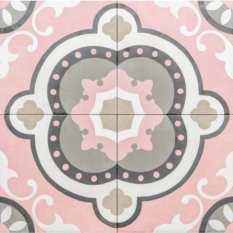 Art Deco 8" x 8" Rose Patterned Porcelain Floor and Wall Tile, Rose
