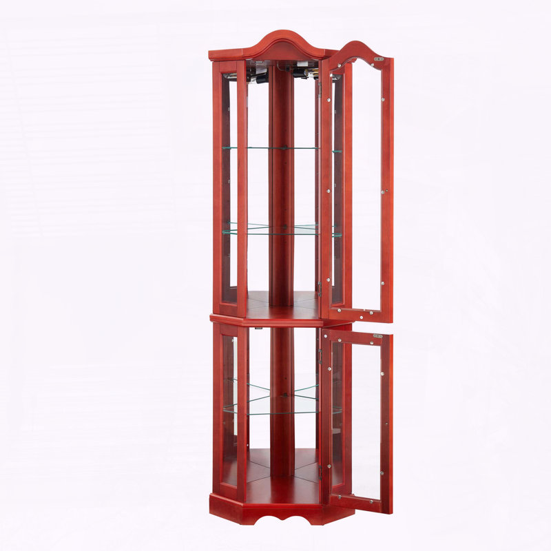 Lighted Corner Curio Cabinet with Tempered Glass Doors & Shelves, Cherry