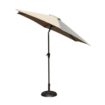 Parasol de patio extérieur en aluminium de 8,8 pieds, parasol de marché, parasol de marché avec base ronde en résine de 33 livres, inclinaison à bouton-poussoir et manivelle