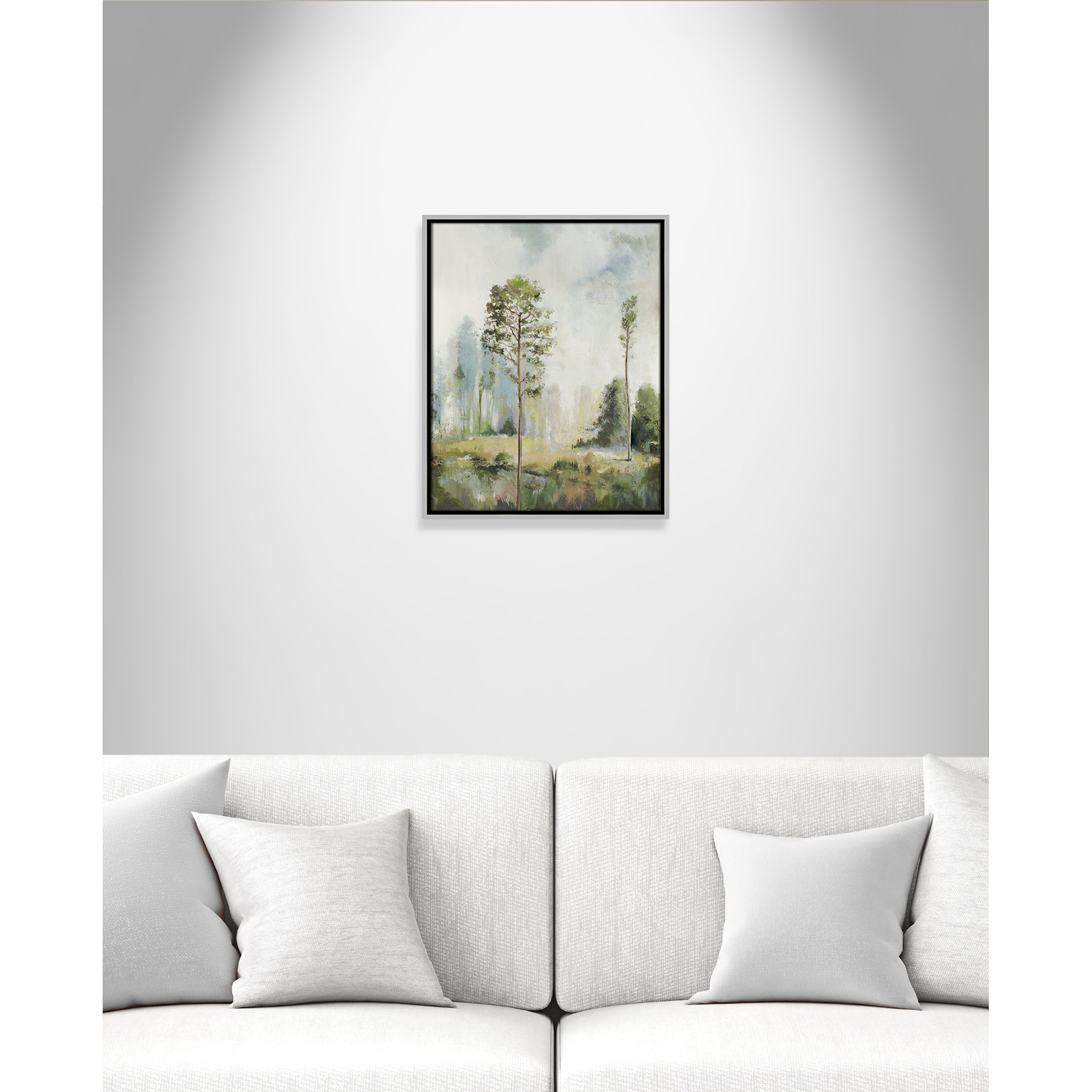 Tall Green Trees I by Teton Pearce - Floater Frame Print on Canvas, 21.5" H x 17.5" W, Silver