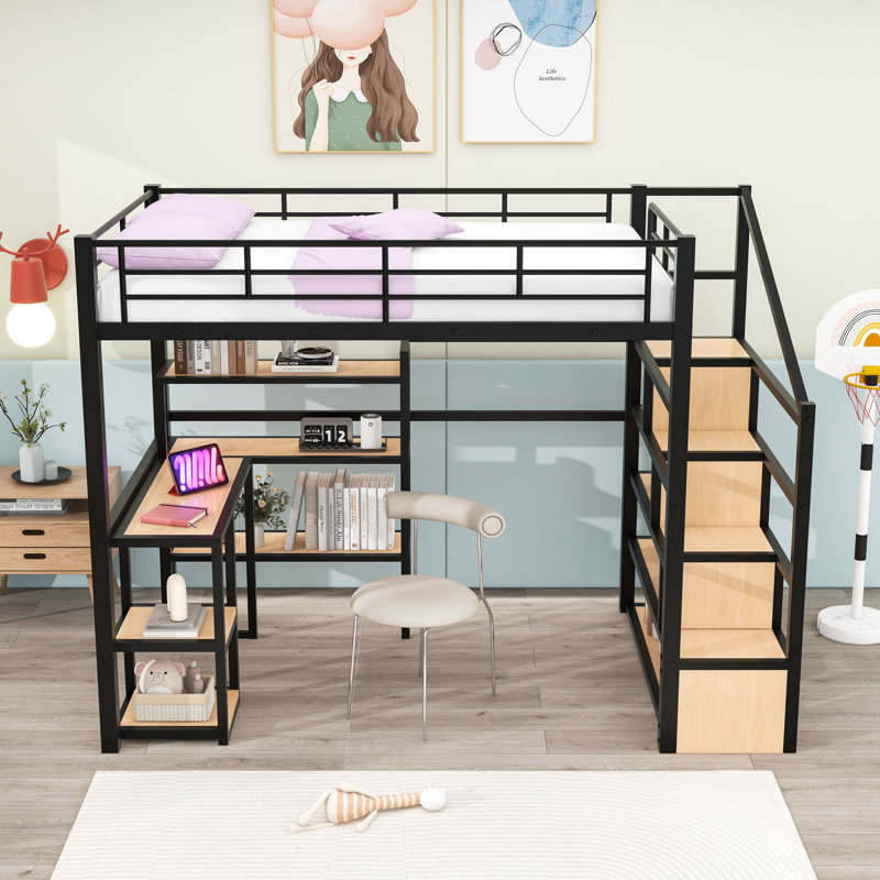 Lit mezzanine en métal avec bureau intégré et tablettes de rangement