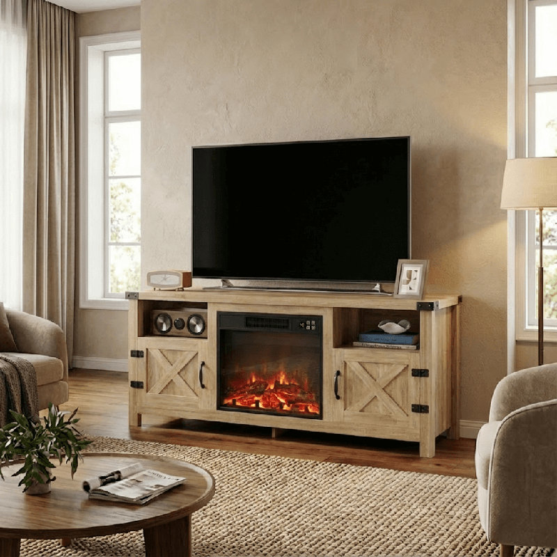 58" W Farmhouse TV Stand Fireplace, Oak Wood