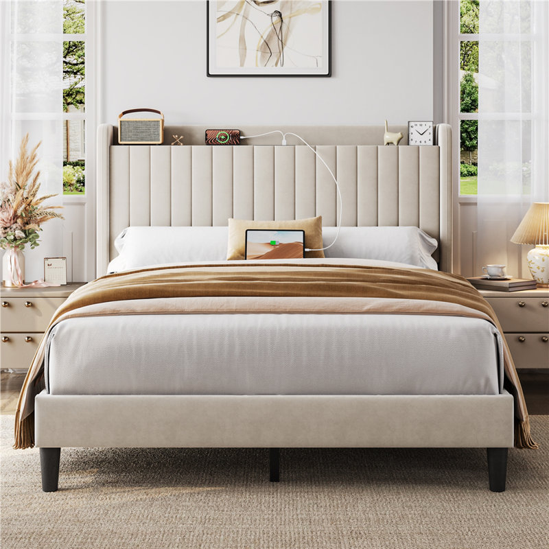 Upholstered Bed Frame with Charging Outlets and USB Ports, Queen, Beige