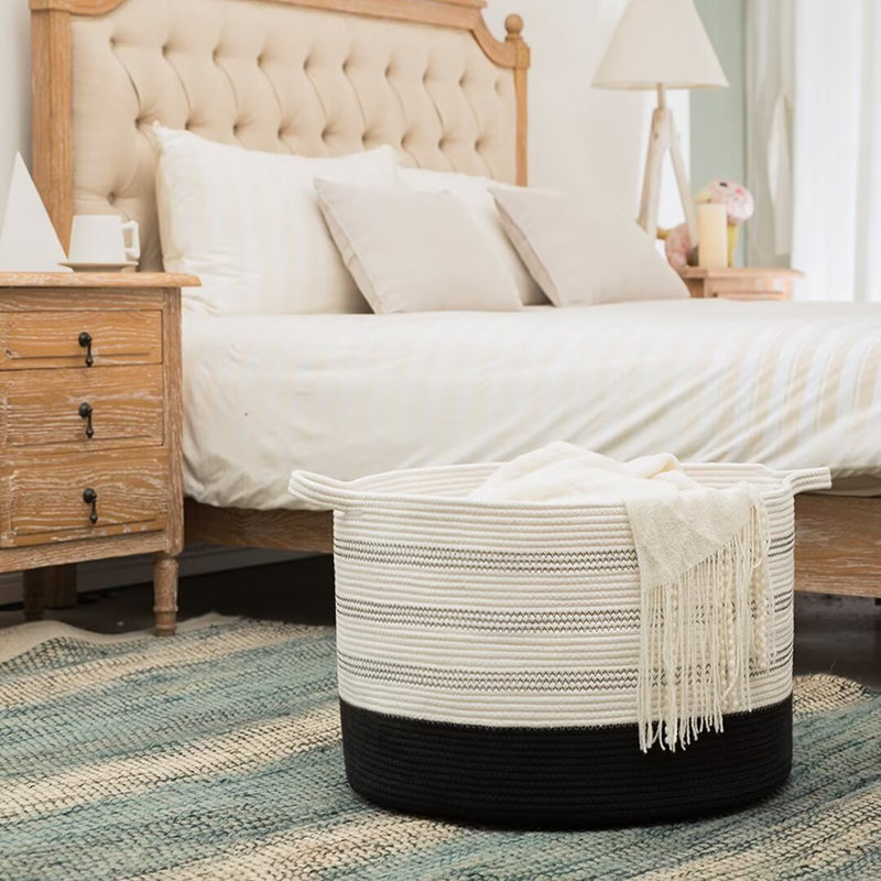 Large Cotton Rope Basket, Blanket Basket for Living Room, Baby Laundry Blanket Basket with Handle, White/Black