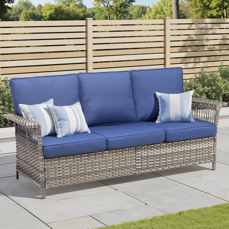 76.7 Inch Wide Weather-Resistant Wicker Patio Sofa With Blue Cushions For Outdoor Comfort And Style, Blue