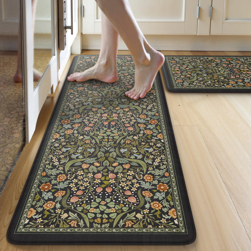 Kitchen Mats For Floor 2PCS, Cushioned Anti Fatigue Mat Non Slip Waterproof Kitchens Sink Rug, Vintage Spring Floral Rugs Comfort Standing Mat For Laundry, Desk, Bar, Office, Black