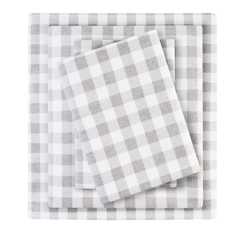 Drap de très grande taille en flanelle 100% coton 4 pièces à motif à carreaux gris à motif de chevrons pour un sommeil douillet