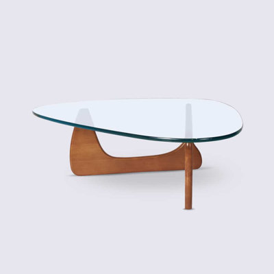 Triangle Glass Coffee Table With Wooden Base, Mid-Century Modern Tempered Glass Top Coffee Table For Living Room