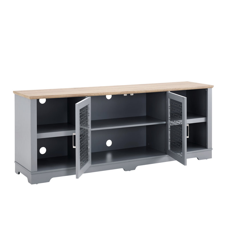 Meuble télé avec finition bleue et chêne, jusqu'à 80 po, l 70 po x P 15,87 po, H 26,25 po, avec console polyvalente, chêne, compartiments à tablettes ouvertes