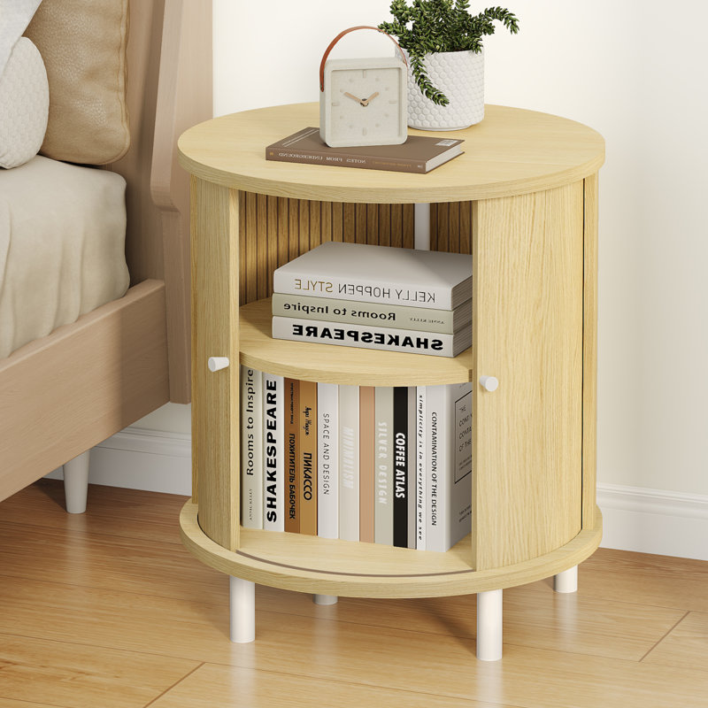 Table de bout ronde cannelée avec rangement, Ivoire ivoire
