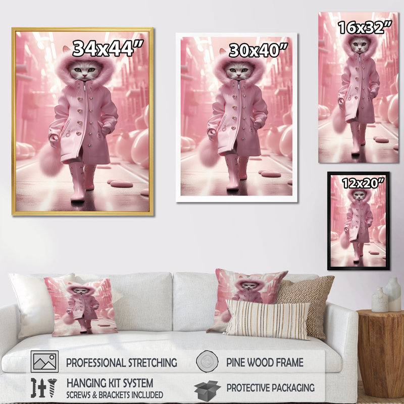 Chat blanc Fashionista en manteau rose, H 20 po x l 12 po x P 1 po, Cadre flottant noir