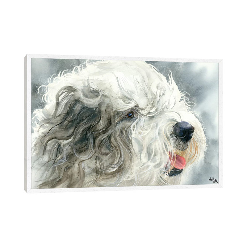 Sheepish Grin - Old English Sheepdog by Judith Stein - Painting on Canvas, 45.72cm H x 66.04cm W x 3.81cm D, White Framed