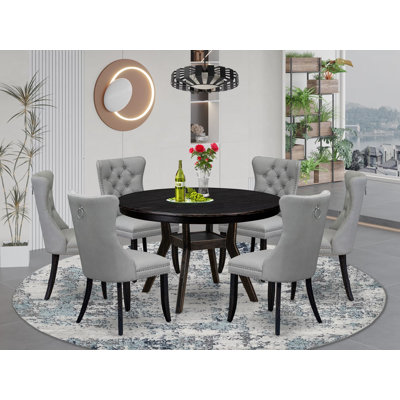 7 Piece Dining Table Set Includes a Round Table with Pedestal and 6 Light Gray Polyester Fabric Upholstered Chairs, Sand Blasted Black