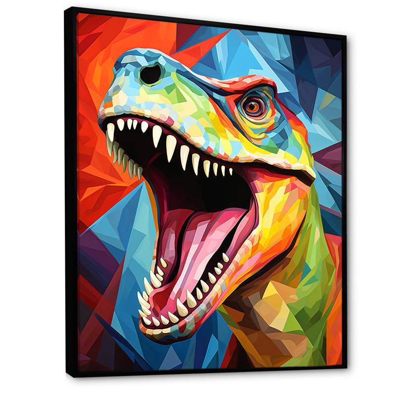 Cubiste coloré Trex Dino I - dinosaure, art mural, Cadre flottant noir, H 20 po x l 12 po x P 1 po