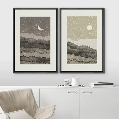 Sun And Moon " Crescent Moon Shining Sun Watercolor Landscape " 2 - Pieces