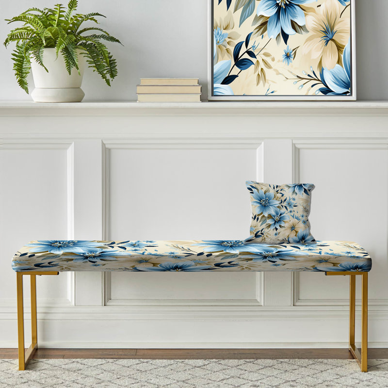 Upholstered Gold Bench, Blue And White Flowers