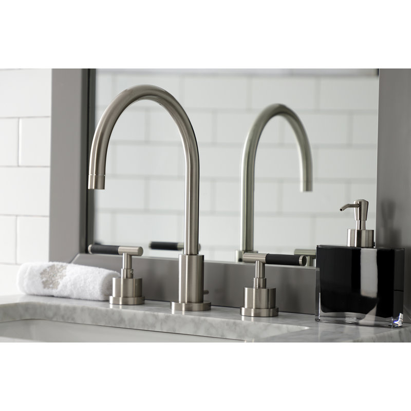 Kingston Brass Kaiser Two-Handle 3-Hole Deck Mount Widespread Bathroom Faucet with Brass Pop-Up Drain, Brushed Nickel