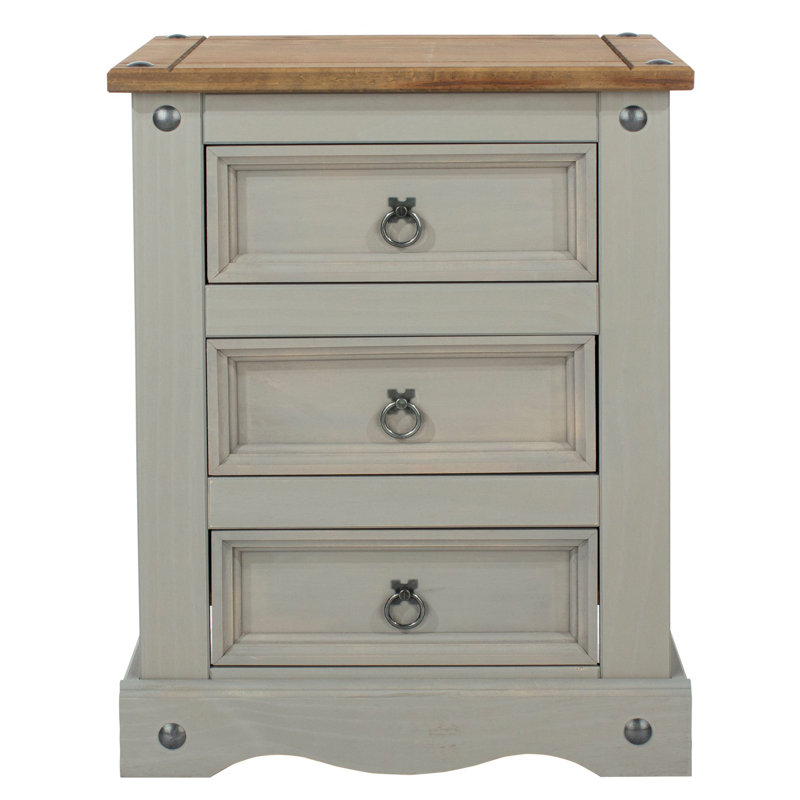 Mauldin 3 Drawer Bedside Table, Solid Pine Corona design, Grey