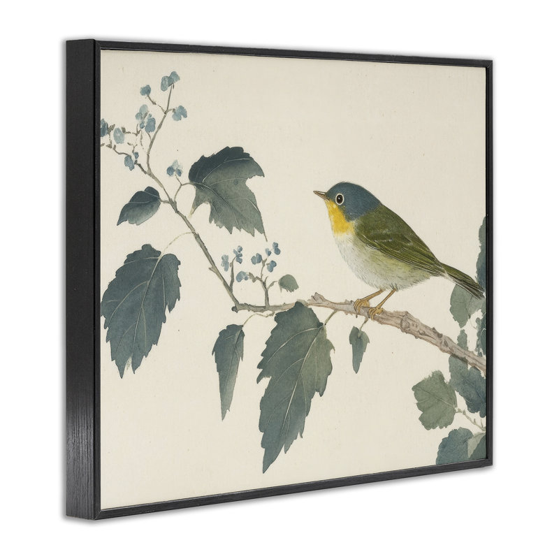 Oiseau et feuilles, estampe numérique, conception de Petal Prints Design, H 24 po x l 30 po, Giclée encadrée noir minuit