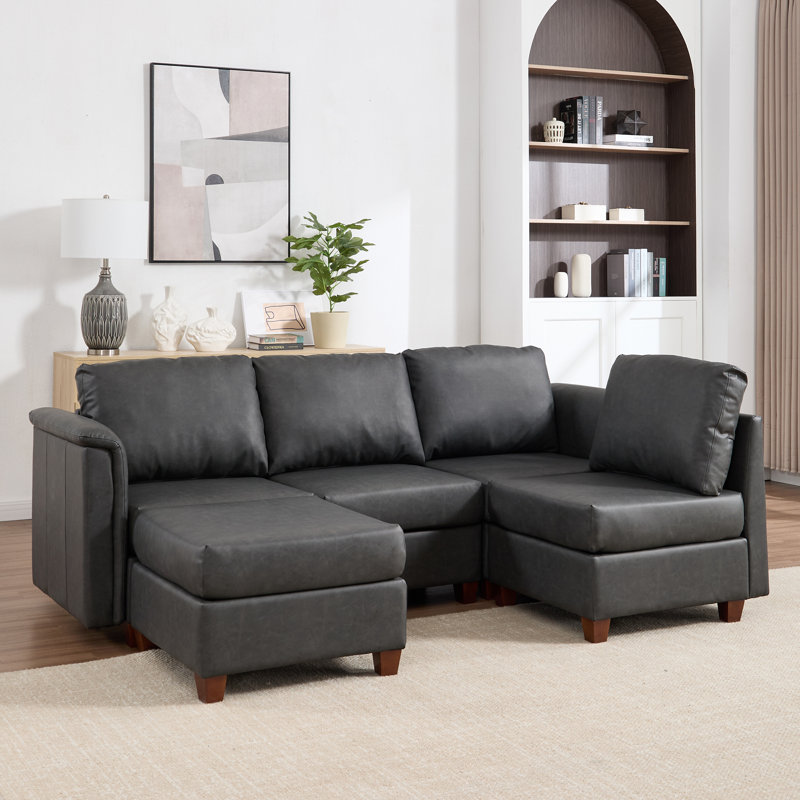 5-Piece Modern Upholstered Sectional Sofa, Gray Faux Leather, Brown Wood