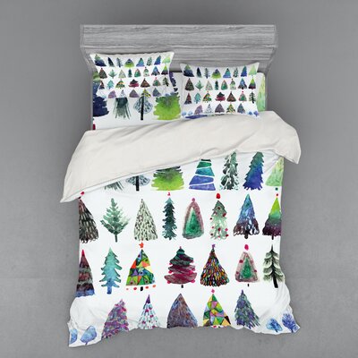 Christmas Watercolor Christmas Theme Fir Trees Silhouettes Illustration Duvet Cover Set -  Ambesonne, bsnev_39771_twin