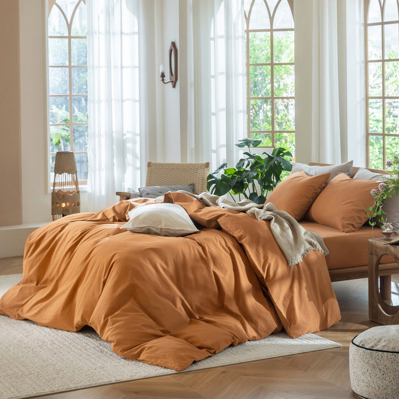 MooMee Duvet Cover Set 100% Washed Cotton Linen Like Textured Lightweight, Queen Duvet Cover + 2 Standard Pillowcases
