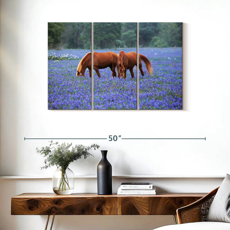 Brampt Horses Grazing Among Bluebonnets, 24" H x 38" W