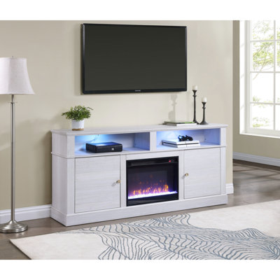 Meuble télé en noyer blanc compatible avec téléviseurs de 60 à 69 pouces, chauffage de foyer avec 7 couleurs de flamme et 11 niveaux de température, minuterie, 2 placards avec étagères ouvertes et éclairage DEL, meuble console de 70 pouces.