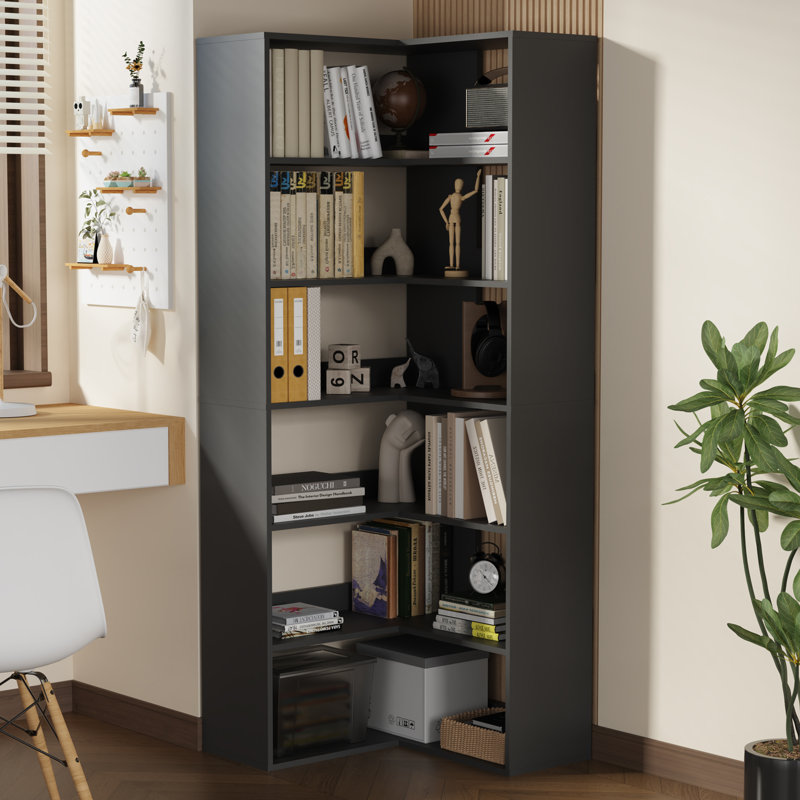 71" Tall Corner Bookshelf, 6 Tier L-Shape Corner Shelf, Freestanding Bookcase For Living Room And Office,, Black