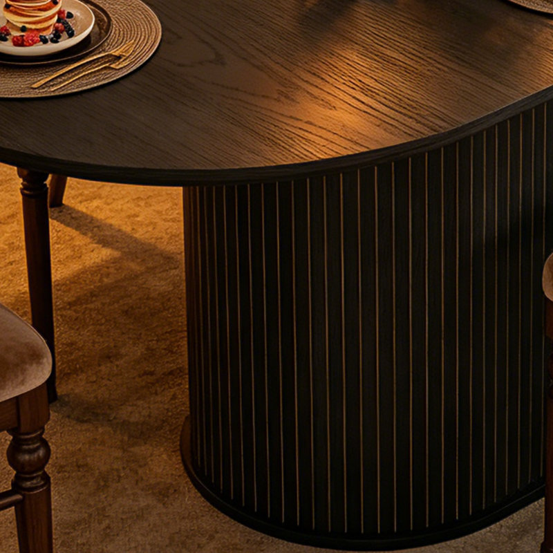 Extendable Black Curved Dining Table, 55.2-70.98 Inches, Striped Legs, Suitable For Living Room And Kitchen., Black
