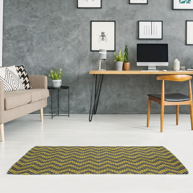 Tapis jaune/noir à chevron tiré à la main, Rectangle 5 pi x 7 pi