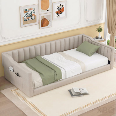 Twin Xl Size Upholstery Daybed And Side Storage Pocket,Beige