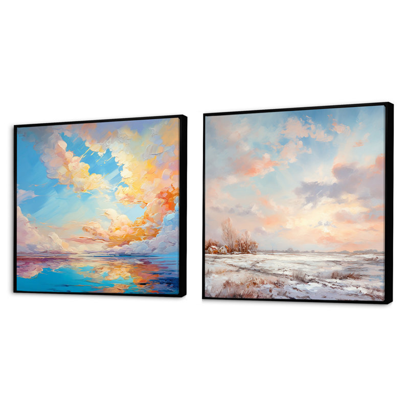 «Turquoise Clouds Charm», ensemble de 2 collages carrés, Cadre flottant noir, H 16 po x l 33 po