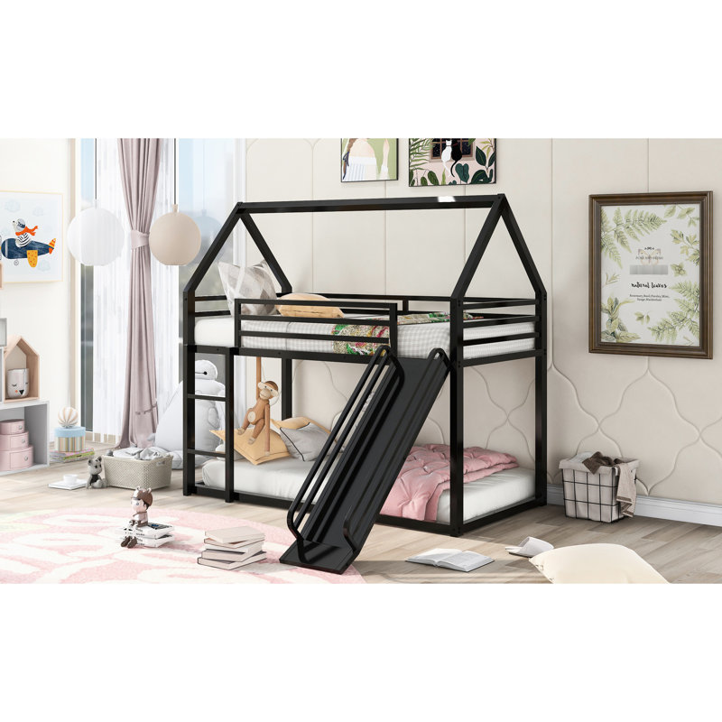 Lit superposé simple au-dessus d'une maison avec glissade - Métal pour chambre à coucher, Noir