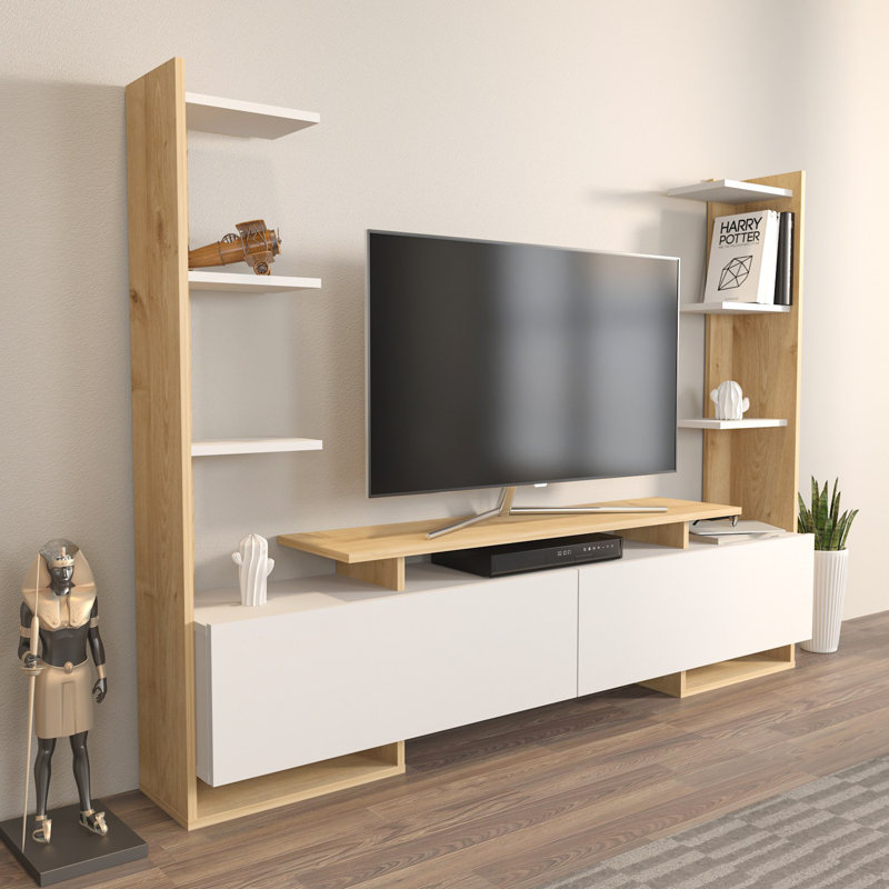 Meuble télé moderne blanc et chêne de 72,2 po x 55,1 po x 12,5 po | 100% panneau de particules enduit de mélamine, épaisseur: 0,7 pouce | Design scandinave, solution de rangement élégante et fonctionnelle pour le salon et les espaces de divertissement