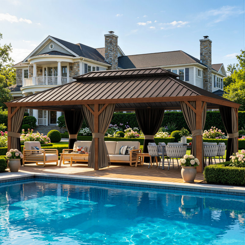 14x22ft.Hardtop Aluminum Gazebo with Galvanized Steel Double Roof, Mosquito Netting, Privacy Curtains & Ceiling Hooks – Wood Grain Outdoor Gazebo for Patio, Deck & Backyard
