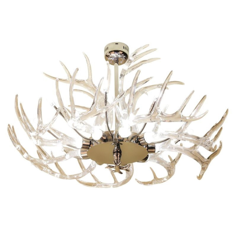 Lustre cerf en cristal clair, Argent antique, Transparent, 20” Diameter x 16” Height