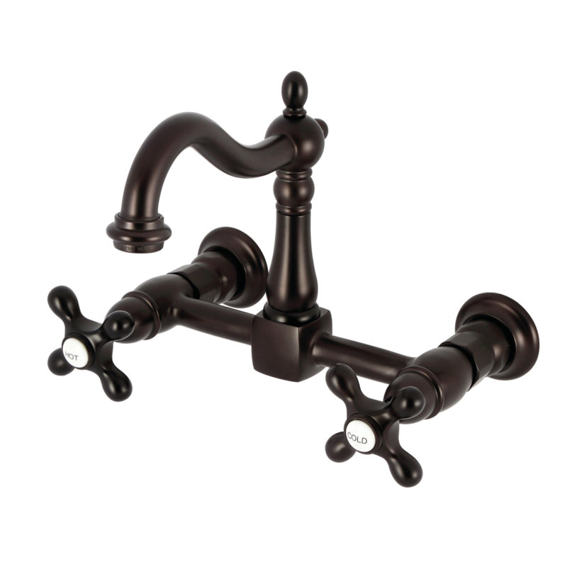 Kingston Brass Heritage Double-Handle 2-Hole Wall-Mount Bridge Kitchen Faucet, Oil Rubbed Bronze