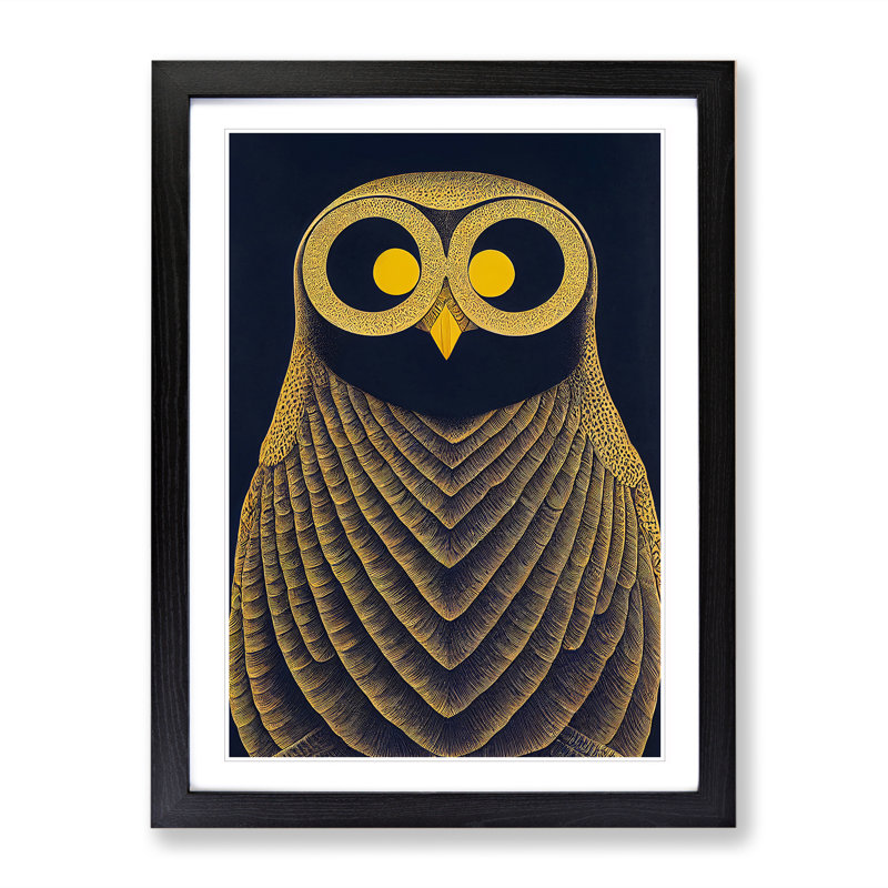 Antique Owl Art No.4 - Single Picture Frame Print, Black Framed, 64cm H x 46cm W x 2cm D