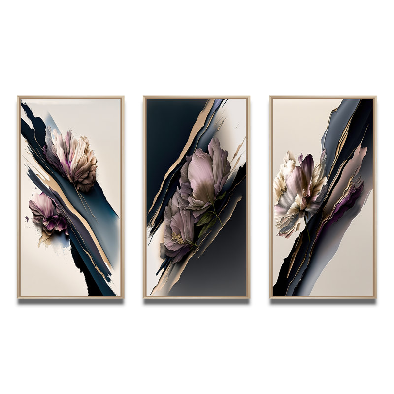 «Mauve pivoine hyperréaliste», 3 pièces sur toile, Naturel, H 28 po x l 36 po