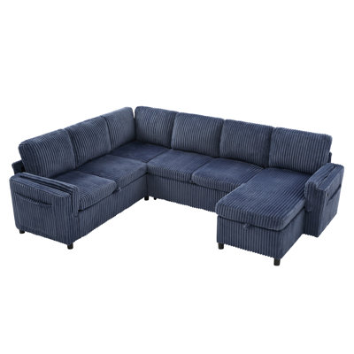 Haven 111" U-Shaped Corduroy Sectional Sofa Bed with USB Ports & Storage